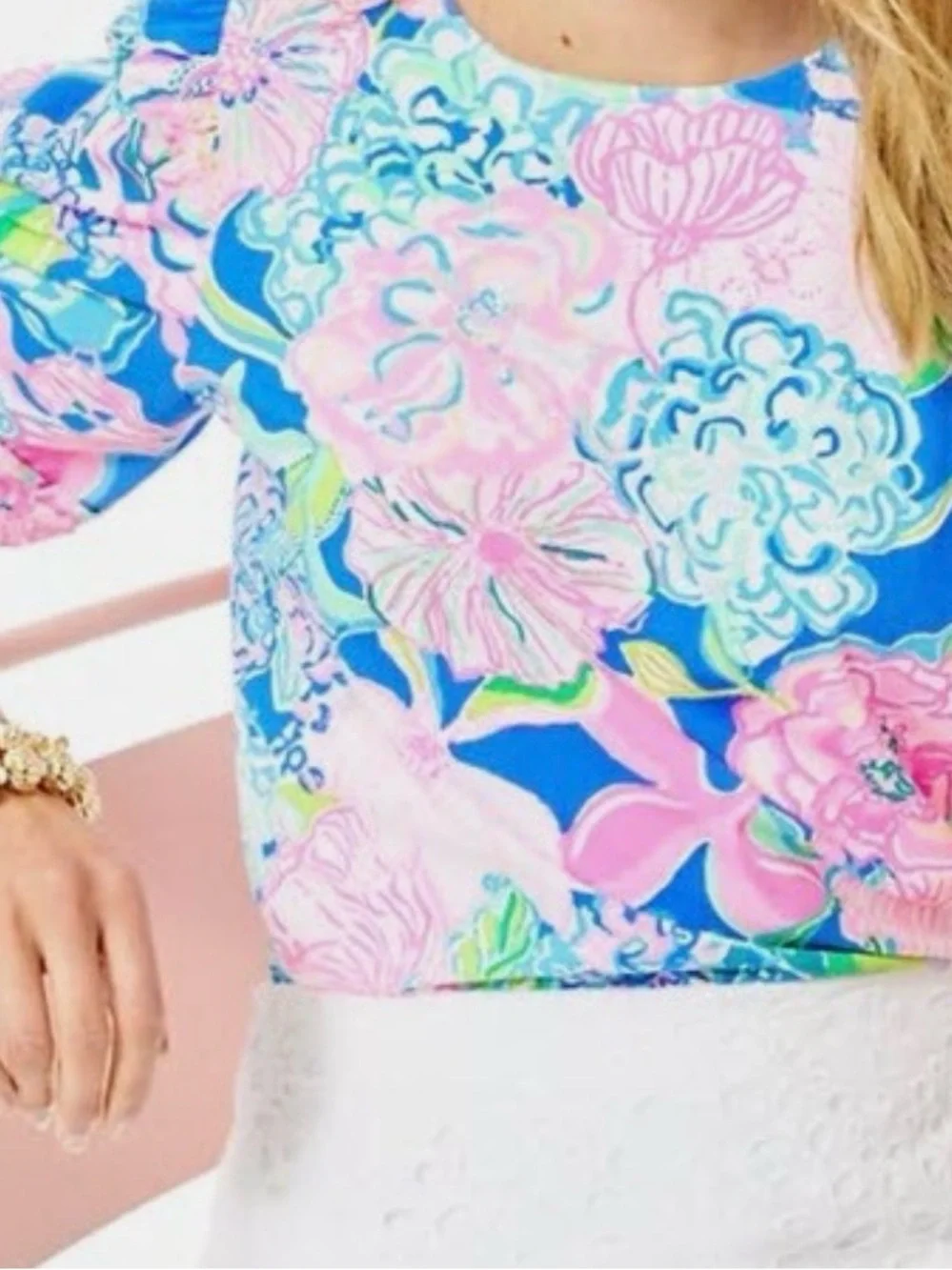 Lilly Pulitzer Elisabette Top M Peony For Your Thoughts Puff Twisted Sleeve